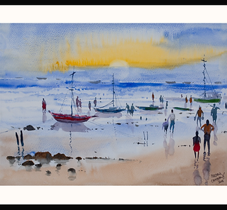 Small boats in sea shore by Artist Madhu Chitran
